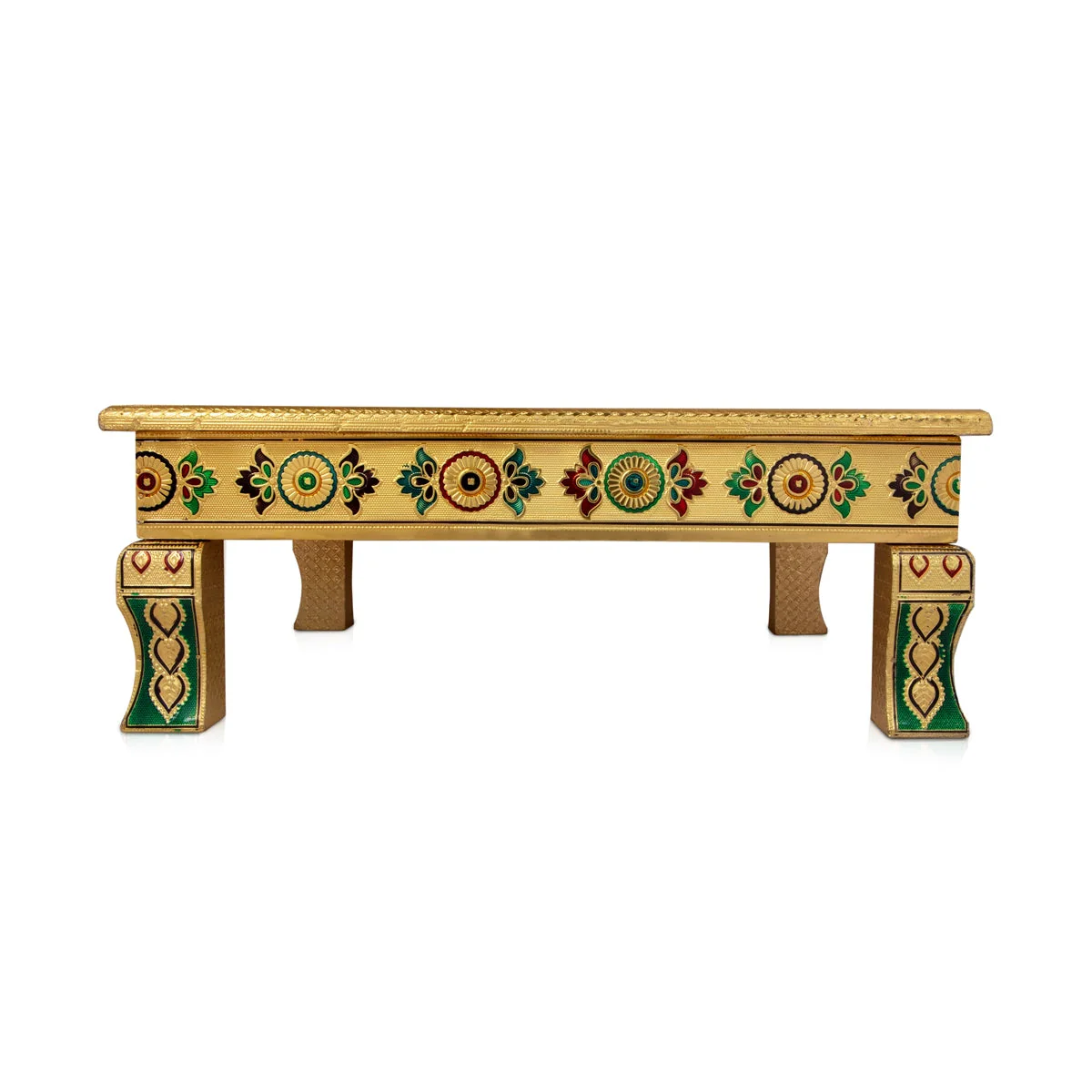 Chowki With Base - 3.5 x 18 x 18 Inches | Gold Polish & Wooden Bajot/ Meenakari Design Manai Palagai for Pooja - Image 4