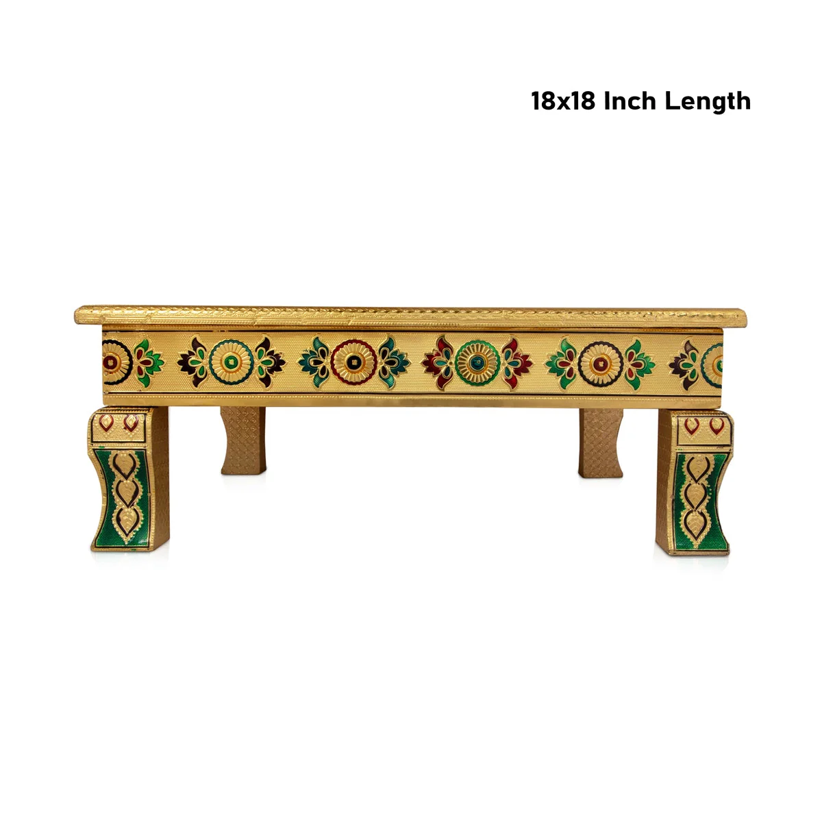 Chowki With Base - 3.5 x 18 x 18 Inches | Gold Polish & Wooden Bajot/ Meenakari Design Manai Palagai for Pooja - Image 5