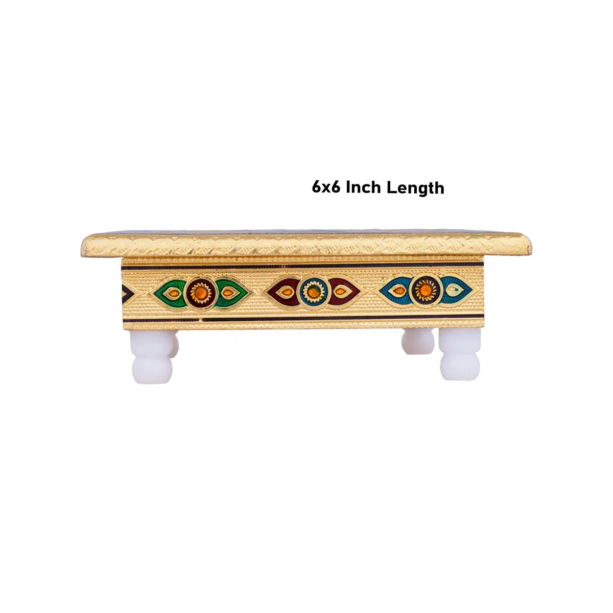 Chowki With Base - 6 x 6 Inches | Gold Polish Bajot/ Meenakari Design Manai Palagai for Pooja - Image 3