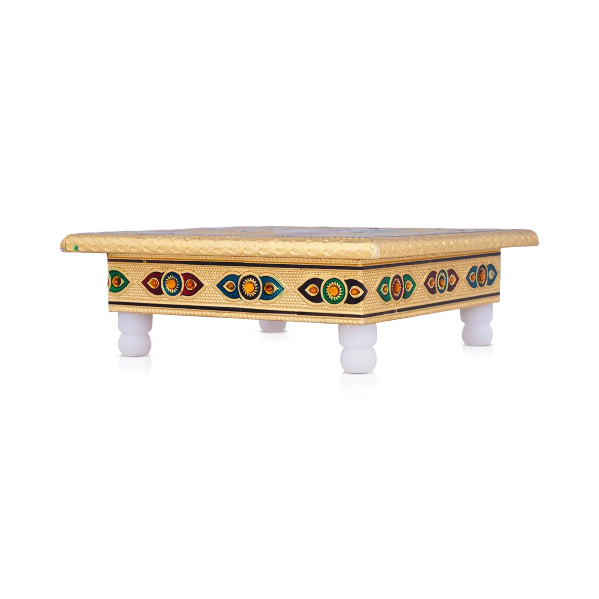 Chowki With Base - 6 x 6 Inches | Gold Polish Bajot/ Meenakari Design Manai Palagai for Pooja - Image 4