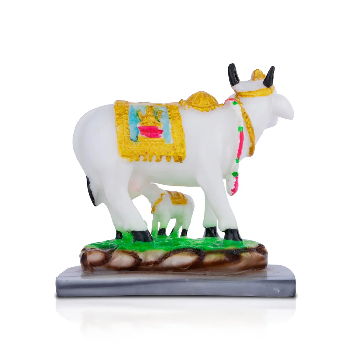 Cow and Calf Idol - 6 x 5.5 Inches | Kamadhenu Cow Statue/ Cow Calf Idol for Pooja - Image 3