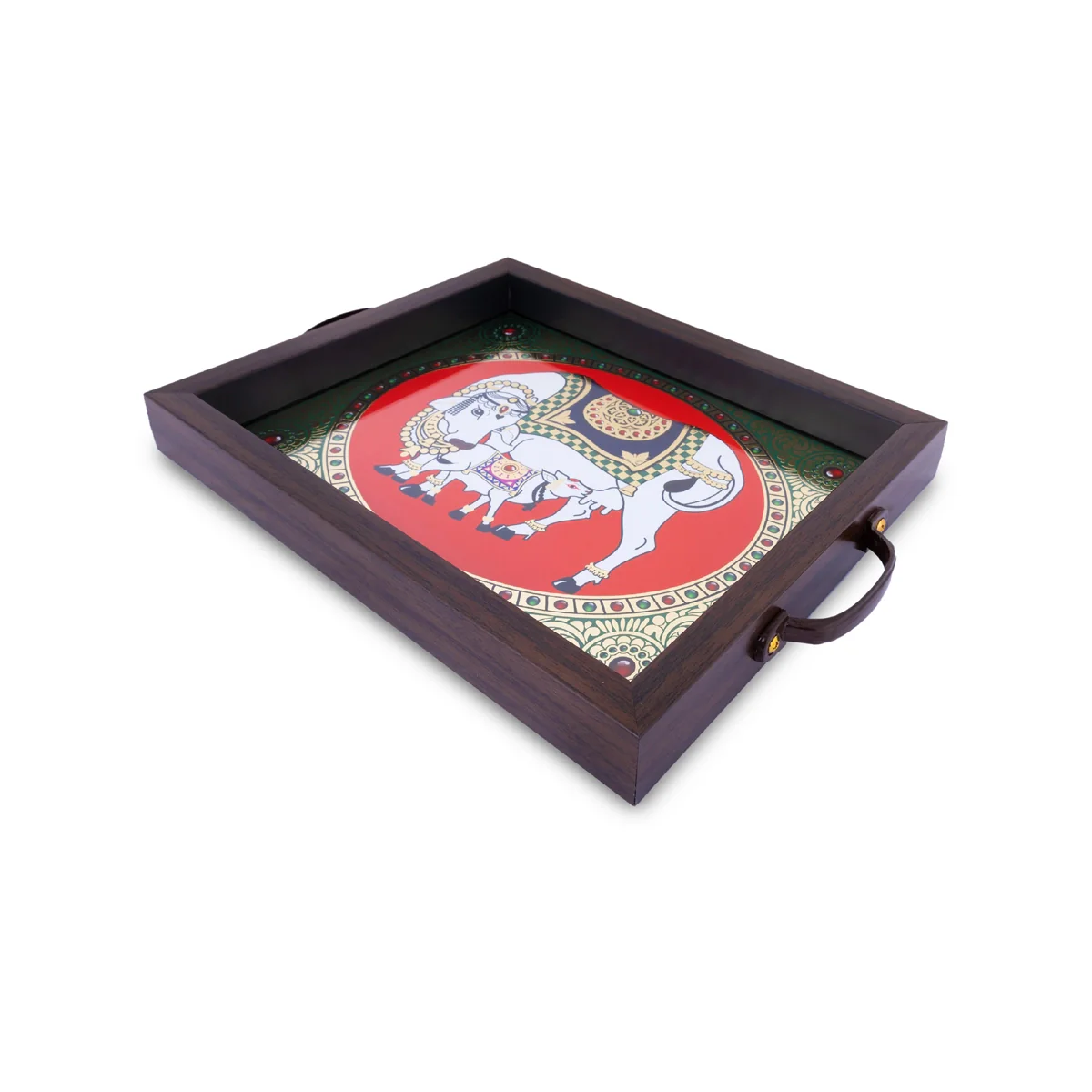Cow Calf Tanjore Glass Painting Tray - 1.25 X 11 X 9 Inches | Thanjavur Decorative Plate/ Wooden Tray For Home - Image 2