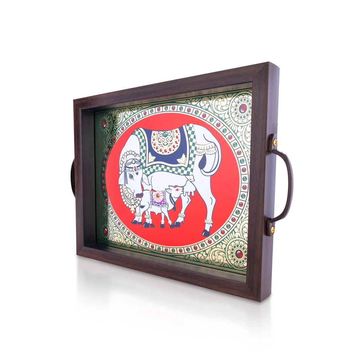 Cow Calf Tanjore Glass Painting Tray - 1.25 X 11 X 9 Inches | Thanjavur Decorative Plate/ Wooden Tray For Home - Image 4