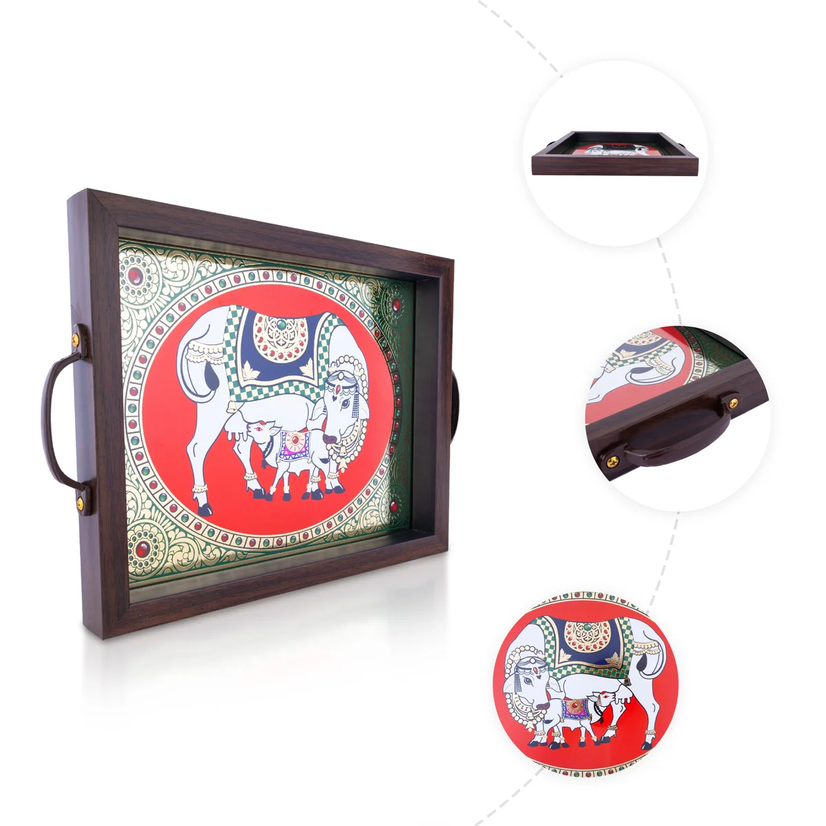 Cow Calf Tanjore Glass Painting Tray - 1.25 X 11 X 9 Inches | Thanjavur Decorative Plate/ Wooden Tray For Home - Image 5