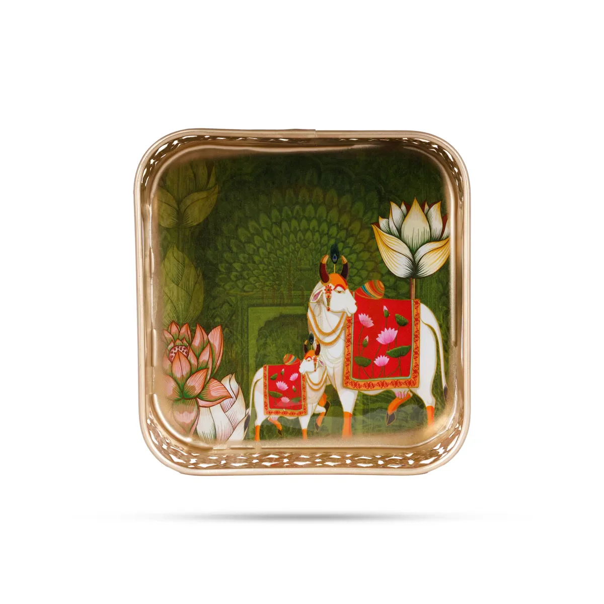 Cow Design Pichwai Tray - 2 X 6 Inches | Square Shape/ Thali Plate/Decorative Plate For Serving - Image 2