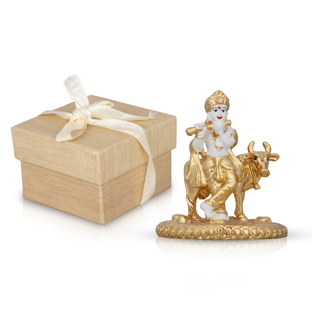 Krishna Murti With Cow - 3 x 2.5 Inches | Ceramic Sculpture/ Standing Krishna Idol for Pooja - Image 2