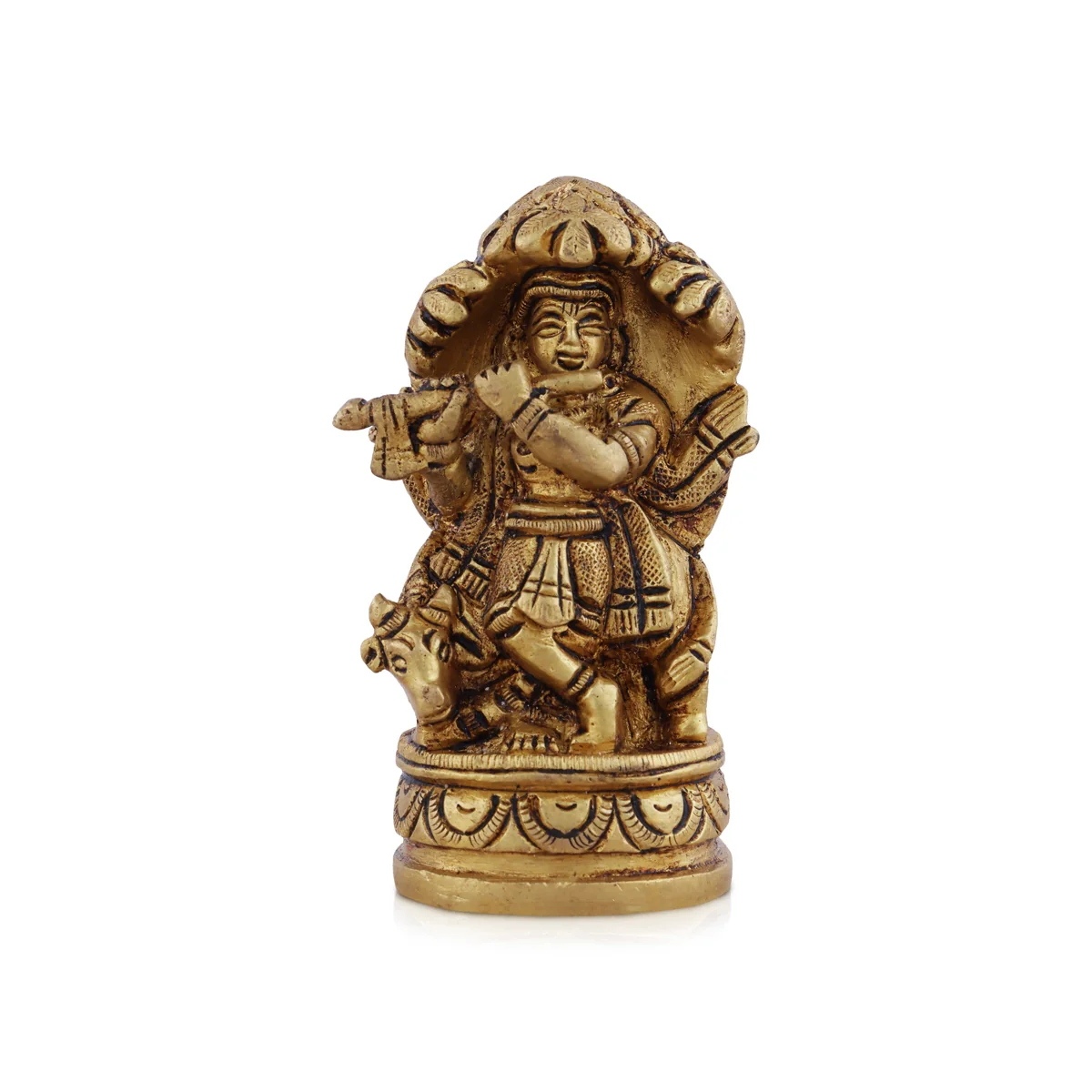 Cow Krishna Statue With Tree - 3.5 x 2.25 Inches | Krishna Murti/ Antique Brass Idol for Pooja