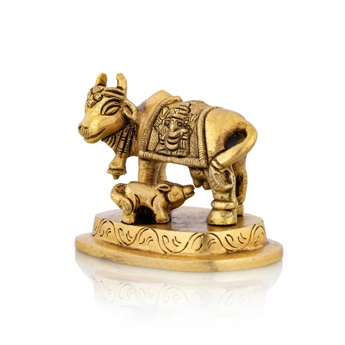 Cow With Calf Idol With Base - 2.5 x 2.75 Inches | Kamdhenu Cow With Calf Idol/ Antique Brass Idol for Pooja - Image 2