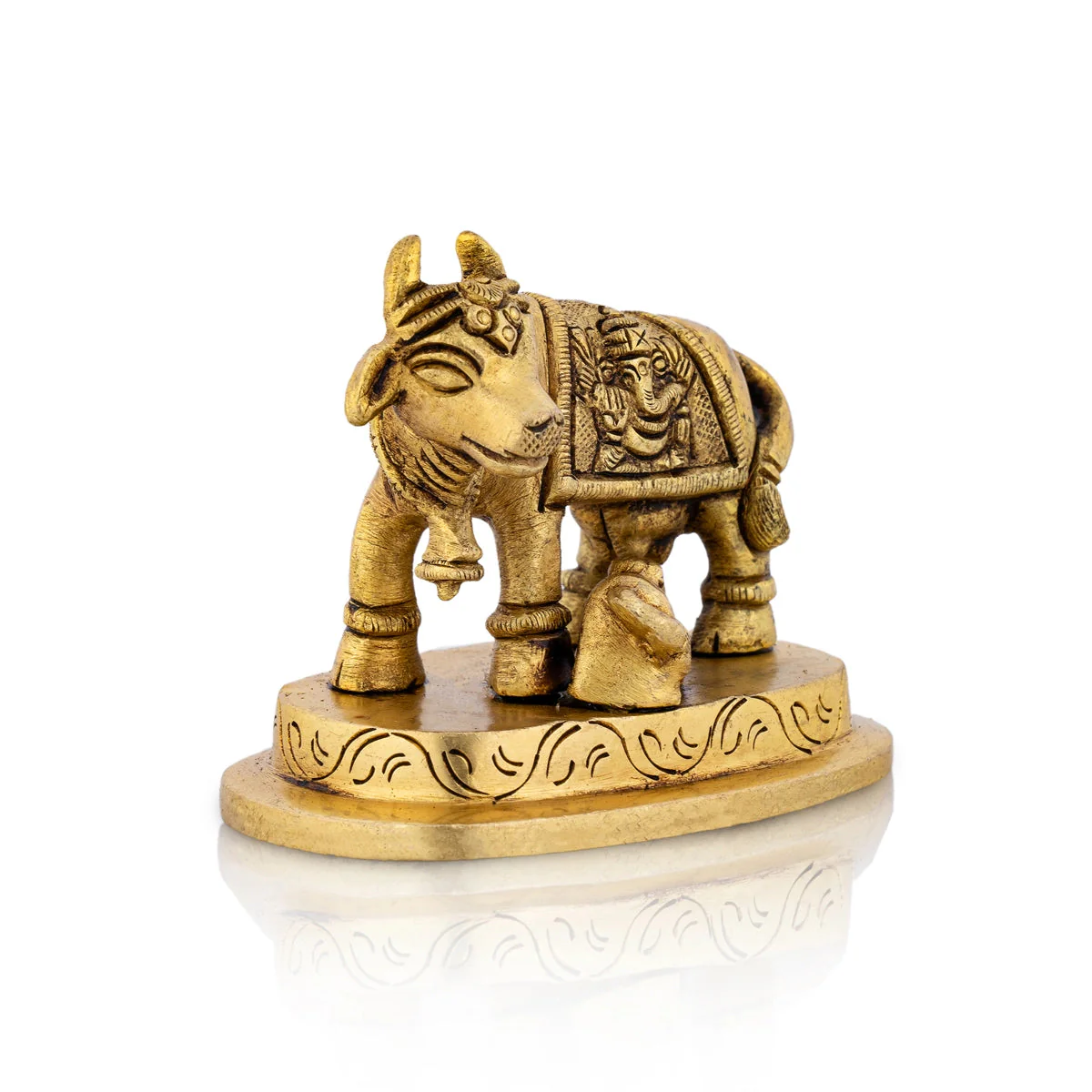 Cow With Calf Idol With Base - 2.5 x 2.75 Inches | Kamdhenu Cow With Calf Idol/ Antique Brass Idol for Pooja - Image 3