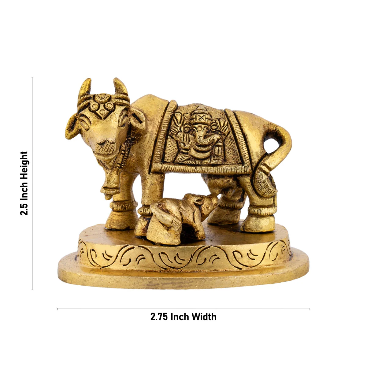 Cow With Calf Idol With Base - 2.5 x 2.75 Inches | Kamdhenu Cow With Calf Idol/ Antique Brass Idol for Pooja - Image 4