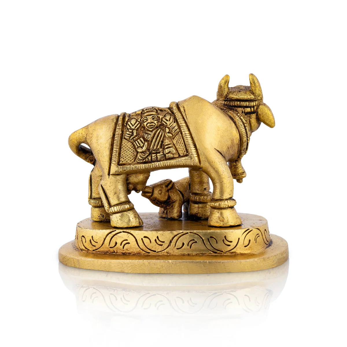 Cow With Calf Idol With Base - 2.5 x 2.75 Inches | Kamdhenu Cow With Calf Idol/ Antique Brass Idol for Pooja - Image 5