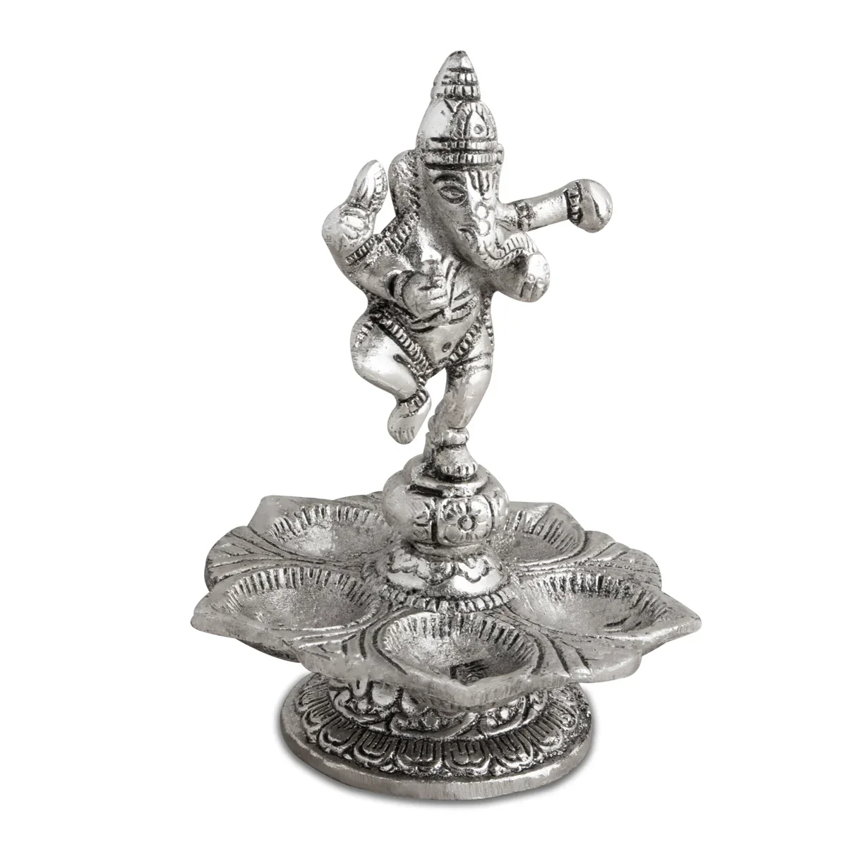 Dancing Ganesh with Deep - 5.5 x 4 Inches | 5 Face Vilakku/ Aluminium Lamp for Pooja/ 165 Gms Approx - Image 4