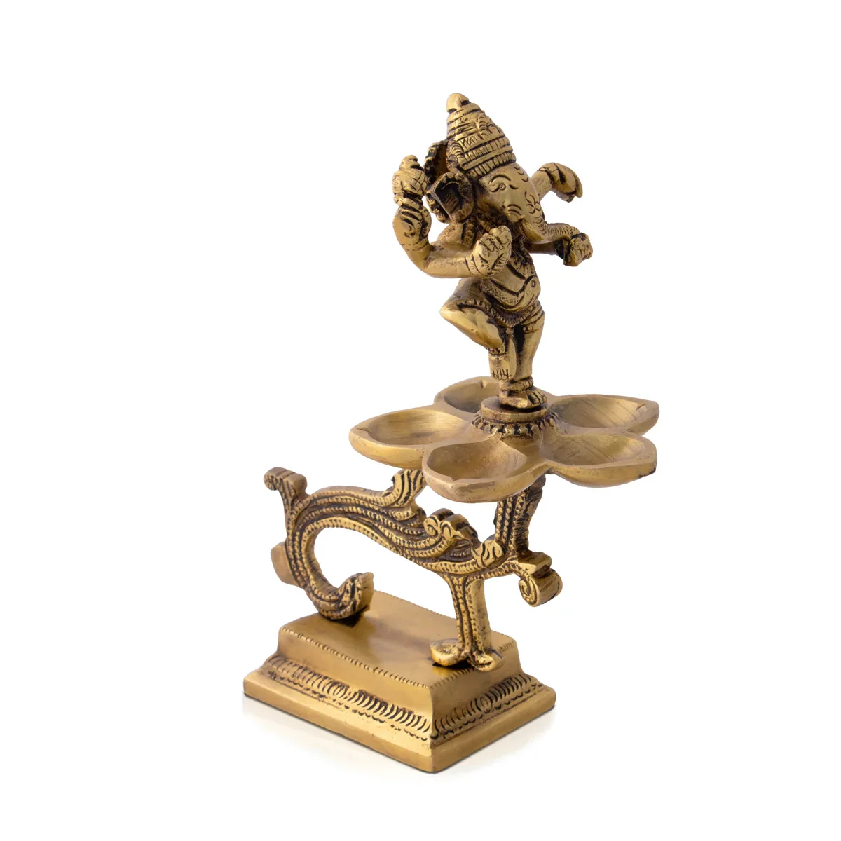 Dancing Ganesh with Deep - 7 x 6 Inches | 5 Face Vilakku/ Antique Brass Lamp for Pooja/ 1.010 Kgs Approx - Image 3