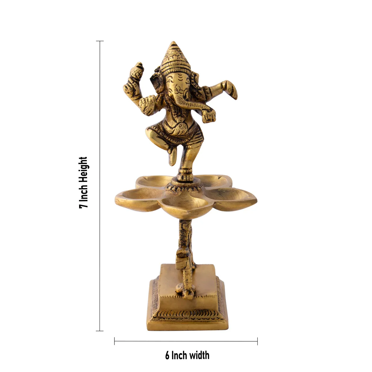 Dancing Ganesh with Deep - 7 x 6 Inches | 5 Face Vilakku/ Antique Brass Lamp for Pooja/ 1.010 Kgs Approx - Image 5