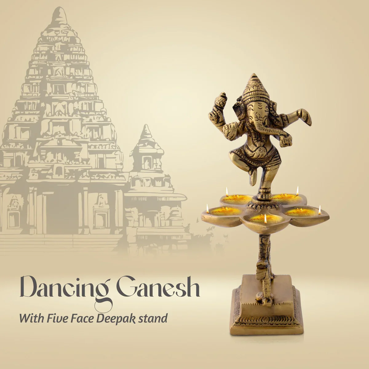 Dancing Ganesh with Deep - 7 x 6 Inches | 5 Face Vilakku/ Antique Brass Lamp for Pooja/ 1.010 Kgs Approx - Image 6