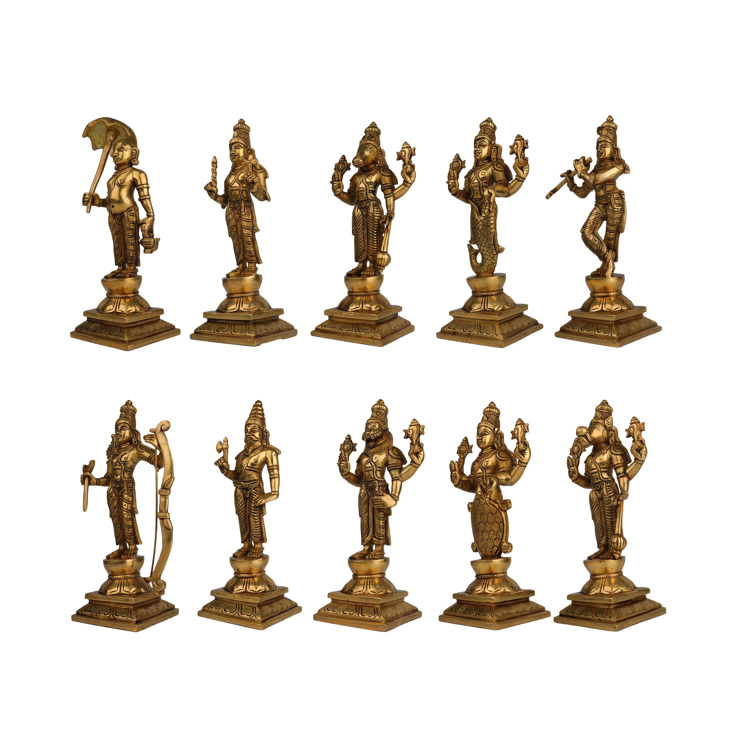 Dasavatharam Idol With Base Set - 9.5 x 4 Inches | Antique Brass Idol/ Ten Avatars Of Vishnu Statue for Worship - Image 2