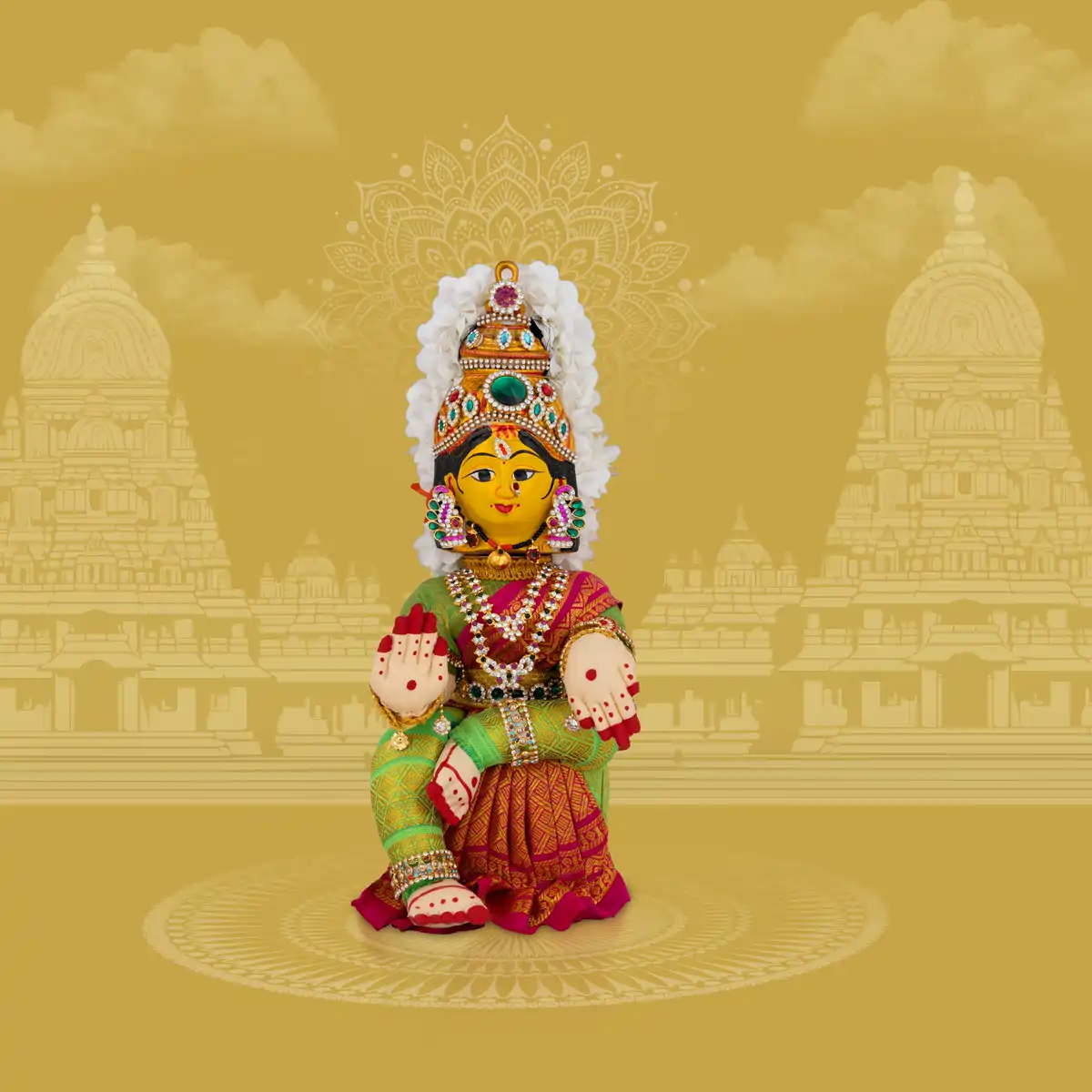 Decorated Varalakshmi Stand With Face- 14 X 5 Inches | Varalakshmi Decor/ Green&Pink Ammavari Vigraham For Pooja