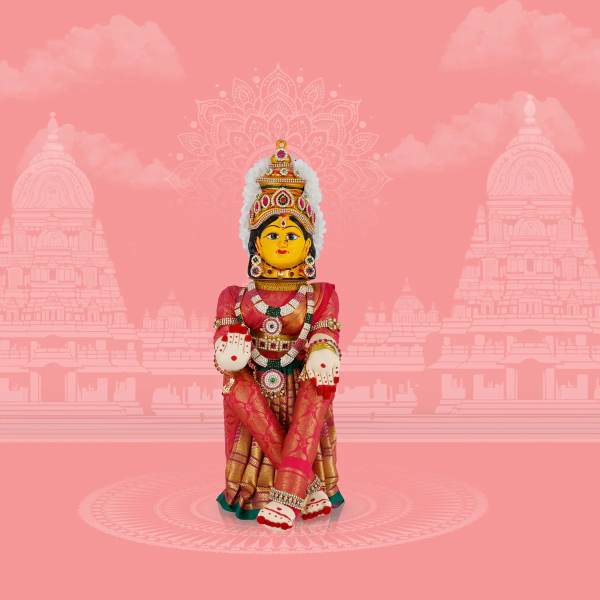 Decorated Varalakshmi Stand With Face- 21 X 6 Inches | Varalakshmi Decor/ Pink Colour Ammavari Vigraham For Pooja