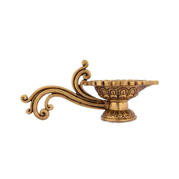 Decorative Diya With Handle - 4 x 9.5 Inches | Brass Lamp/ Antique Polish Kartik Deepam/ Agal Vilakku for Pooja - Image 4