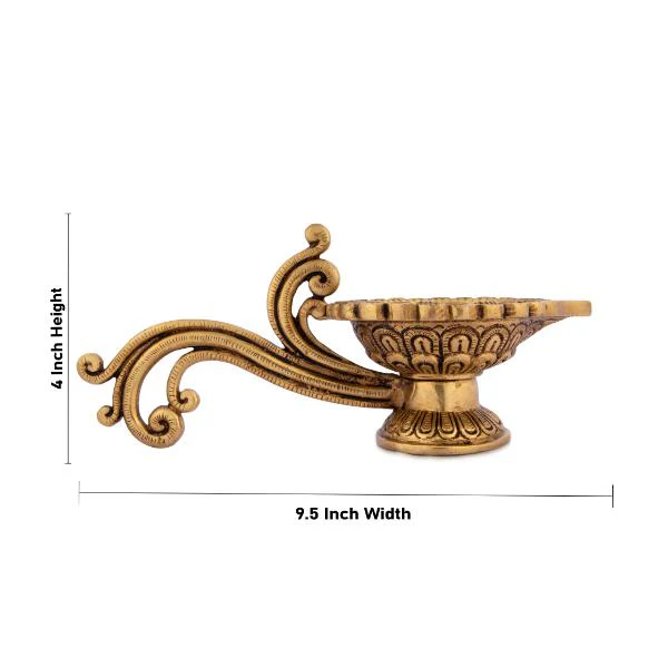 Decorative Diya With Handle - 4 x 9.5 Inches | Brass Lamp/ Antique Polish Kartik Deepam/ Agal Vilakku for Pooja - Image 5