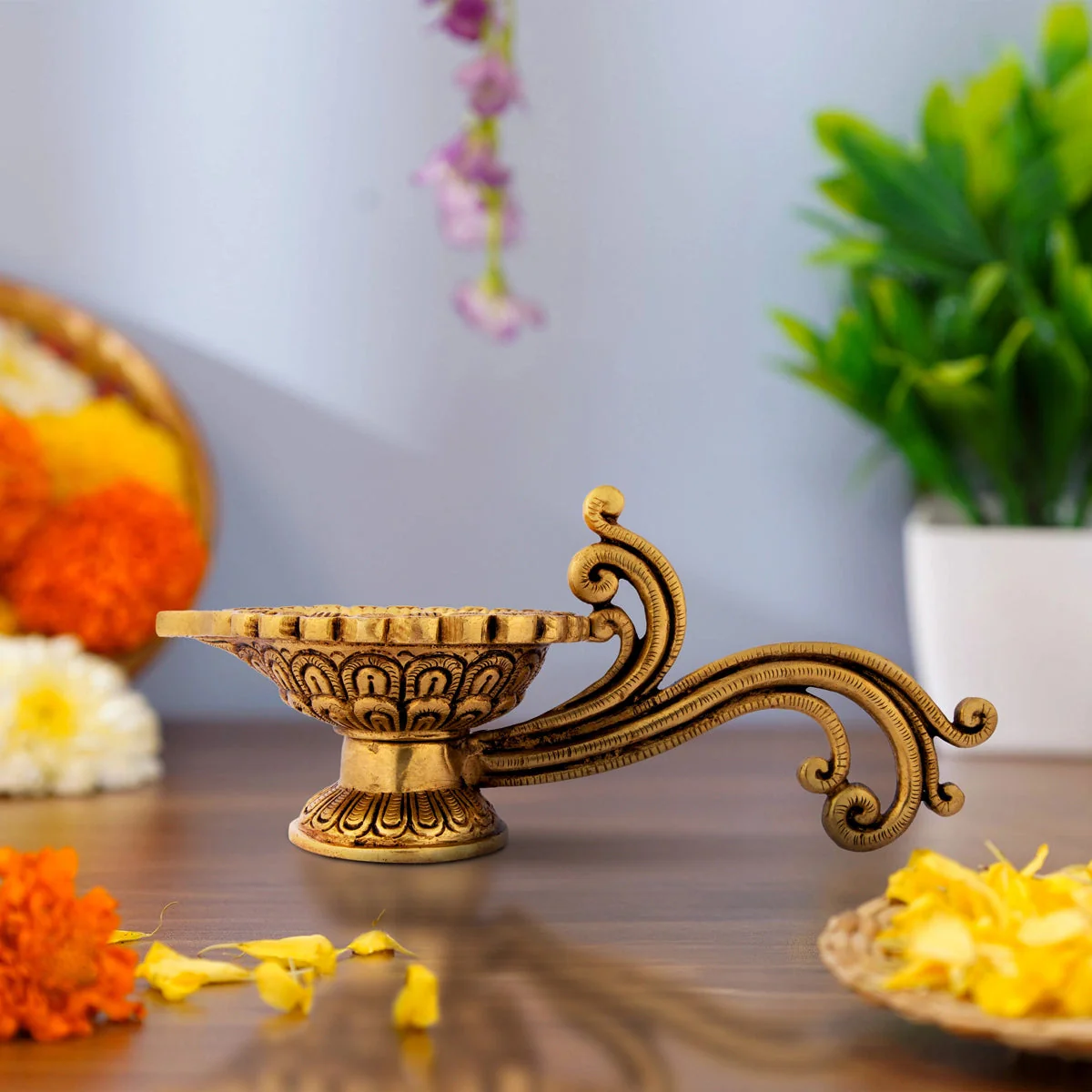 Decorative Diya With Handle - 4 x 9.5 Inches | Brass Lamp/ Antique Polish Kartik Deepam/ Agal Vilakku for Pooja - Image 6