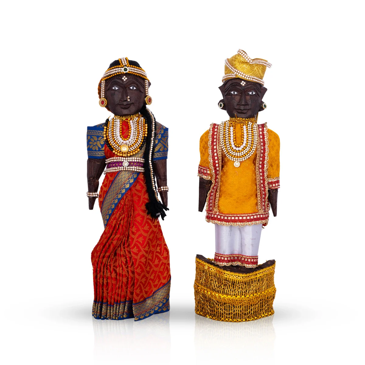 Decorative Marapachi Bommai Pair - 12 X 4 Inches | Marapachi Doll/ Wood Sculpture/ Kolu Bommai For Golu Display - Image 3