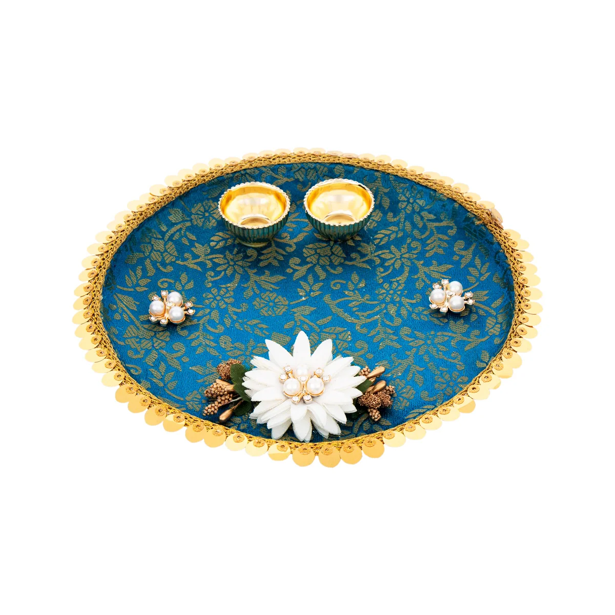 Decorative Plate With 2 Cups - 0.5 x 7 Inches | Stainless Steel Pooja Thali/ Designing Thali Plate for Home - Image 2