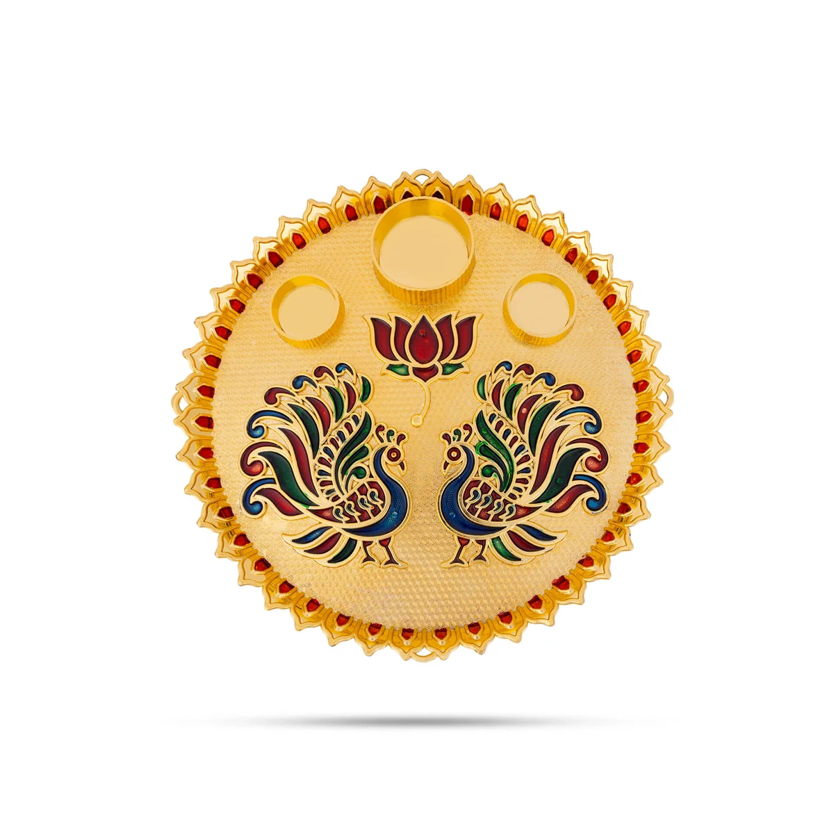 Decorative Plate With 3 Kumkum Box - 11 Inches | Peacock & Lotus Kumkum Bharani/ Sindoor Pot For Pooja - Image 2