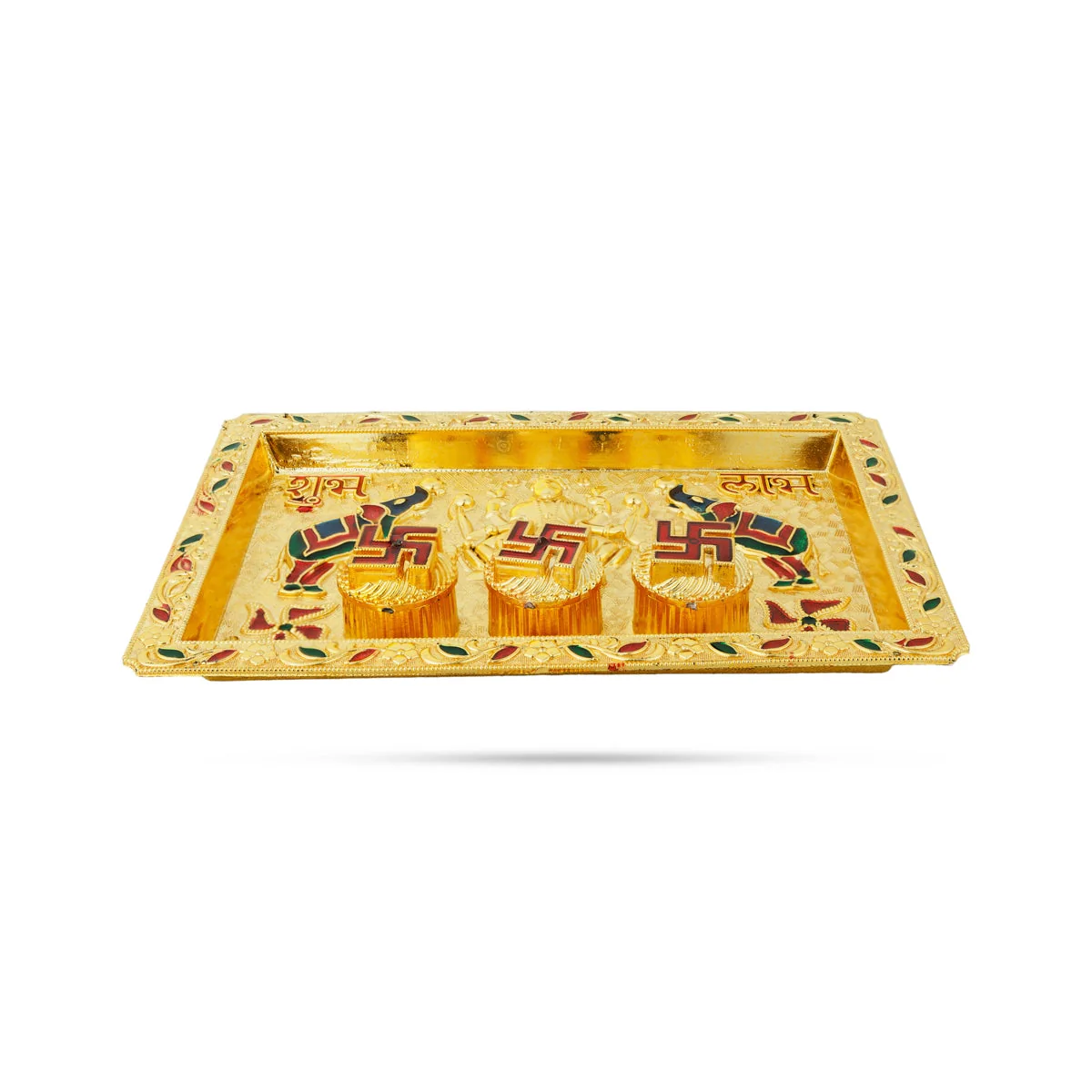 Decorative Plate With Kumkum Box - 6 x 9 Inches | Mahalakshmi Design Fancy Tray With Kumkum Bharani for Pooja - Image 2