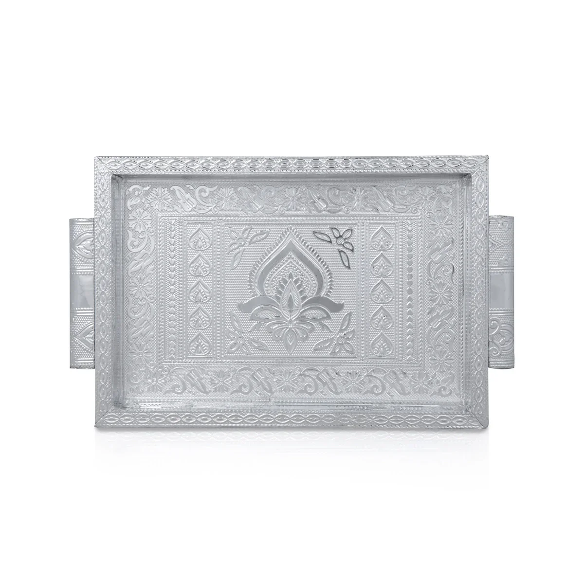 Decorative Tray - 1.5 x 10 x 7 Inches | Wooden Serving Tray/ Silver Polish Serving Plate for Pooja - Image 3