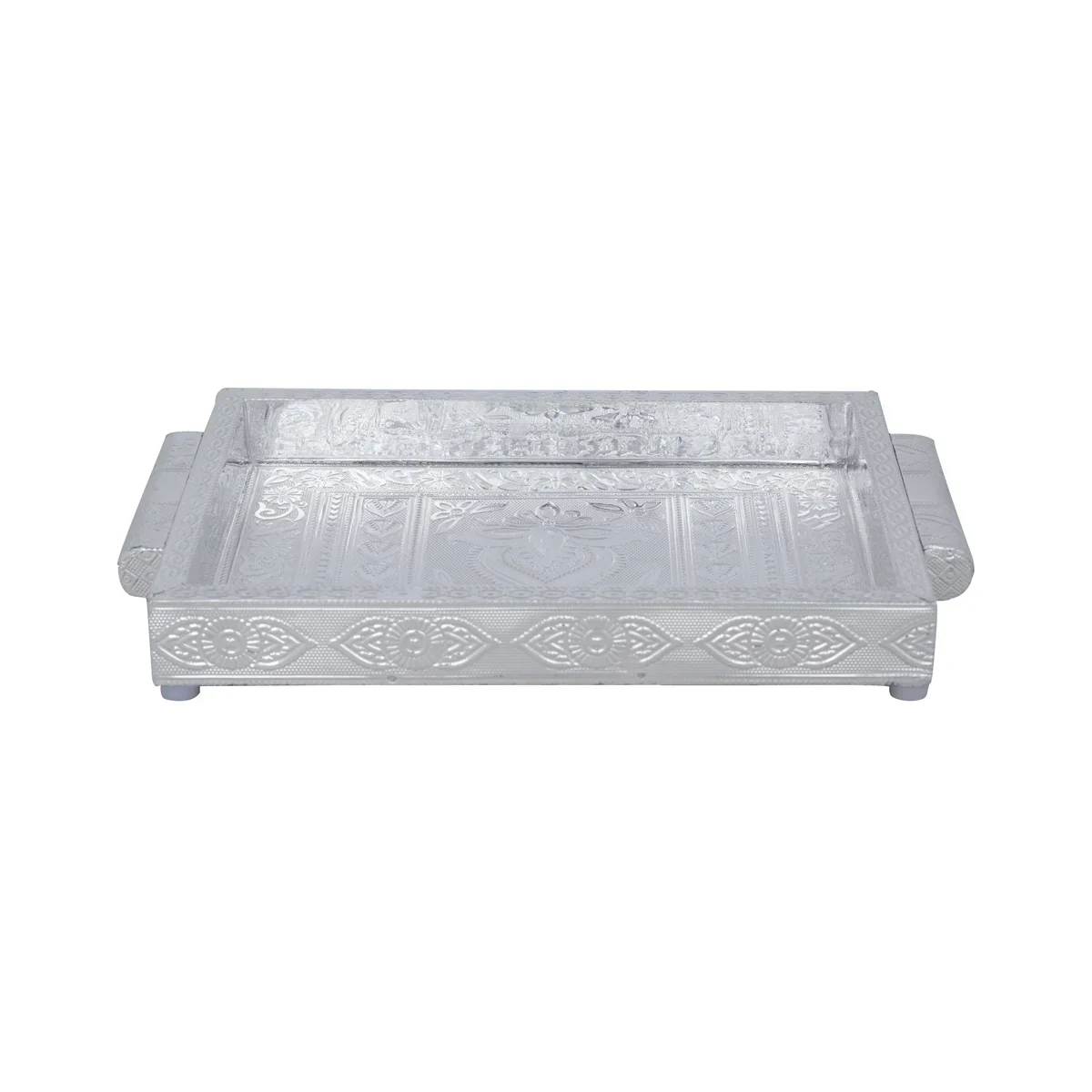 Decorative Tray - 1.5 x 10 x 7 Inches | Wooden Serving Tray/ Silver Polish Serving Plate for Pooja - Image 4