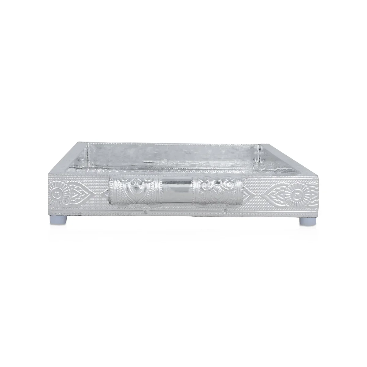 Decorative Tray - 1.5 x 12 x 8 Inches | Wooden Serving Tray/ Silver Polish Serving Plate for Pooja - Image 2
