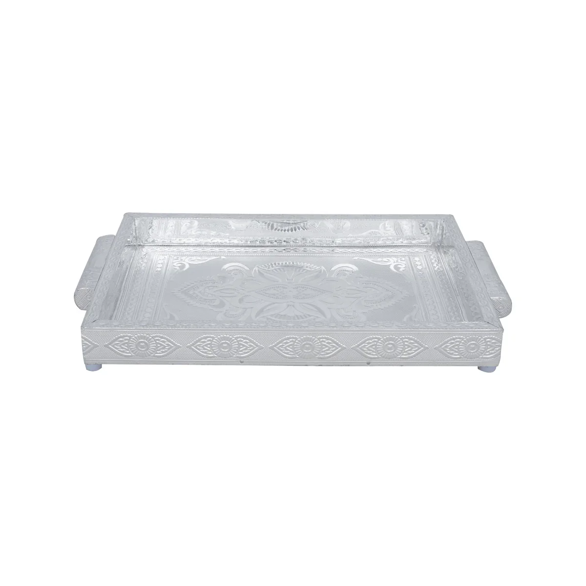 Decorative Tray - 1.5 x 12 x 8 Inches | Wooden Serving Tray/ Silver Polish Serving Plate for Pooja - Image 3