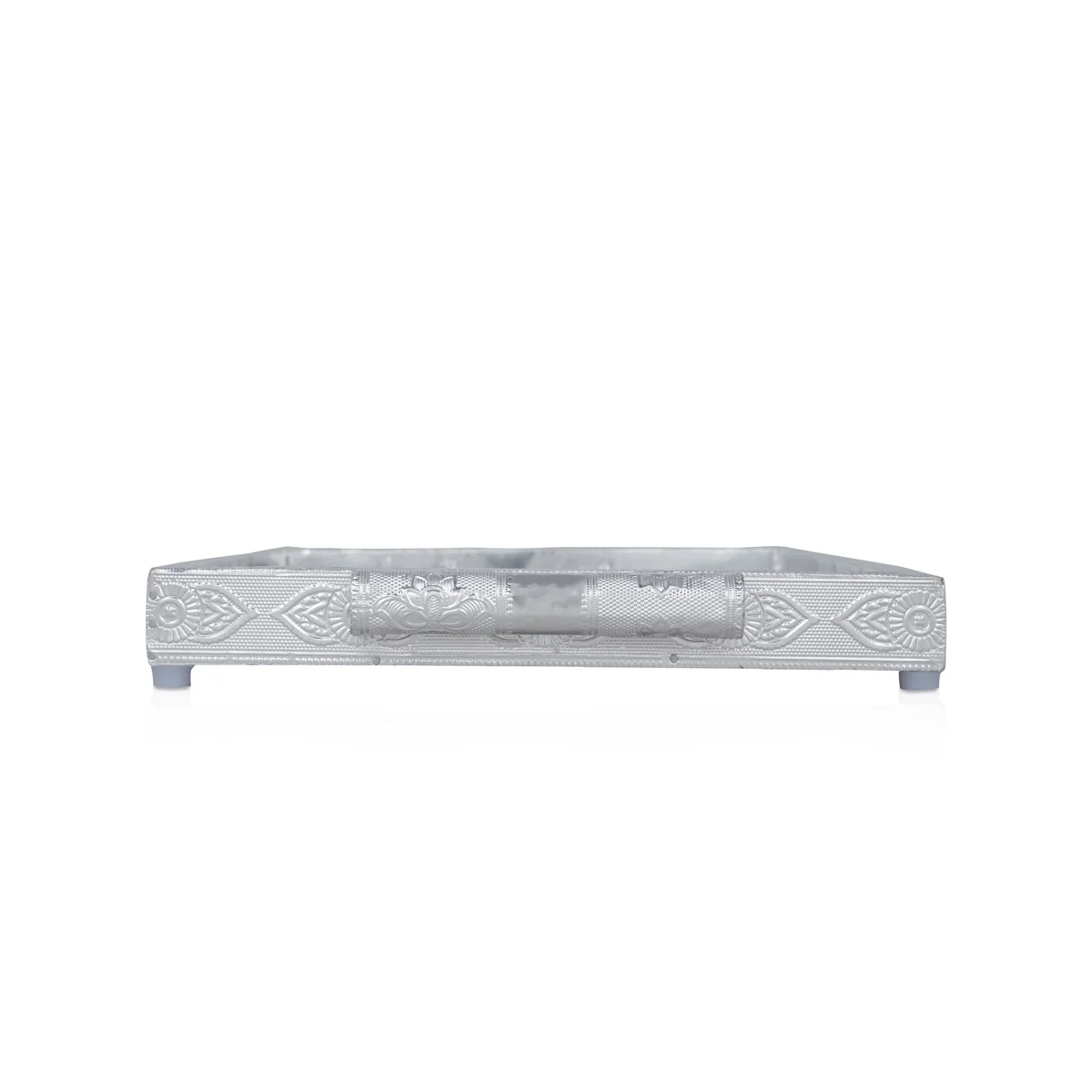 Decorative Tray - 1.5 x 14 x 10 Inches | Wooden Serving Tray/ Silver Polish Serving Plate for Pooja - Image 2