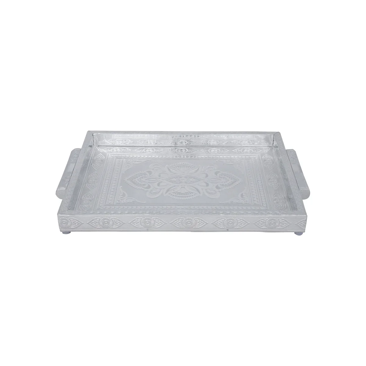 Decorative Tray - 1.5 x 14 x 10 Inches | Wooden Serving Tray/ Silver Polish Serving Plate for Pooja - Image 3