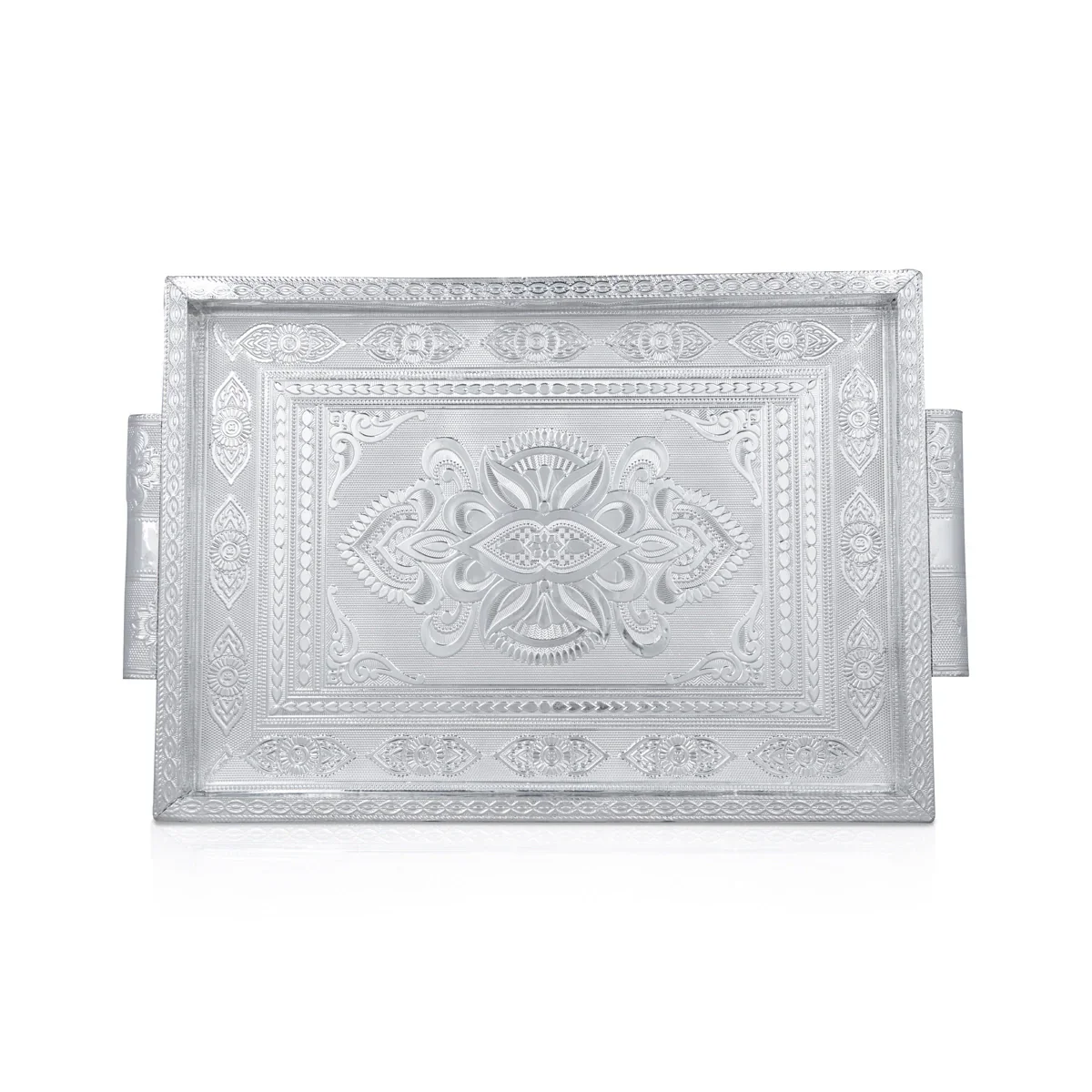 Decorative Tray - 1.5 x 14 x 10 Inches | Wooden Serving Tray/ Silver Polish Serving Plate for Pooja - Image 4