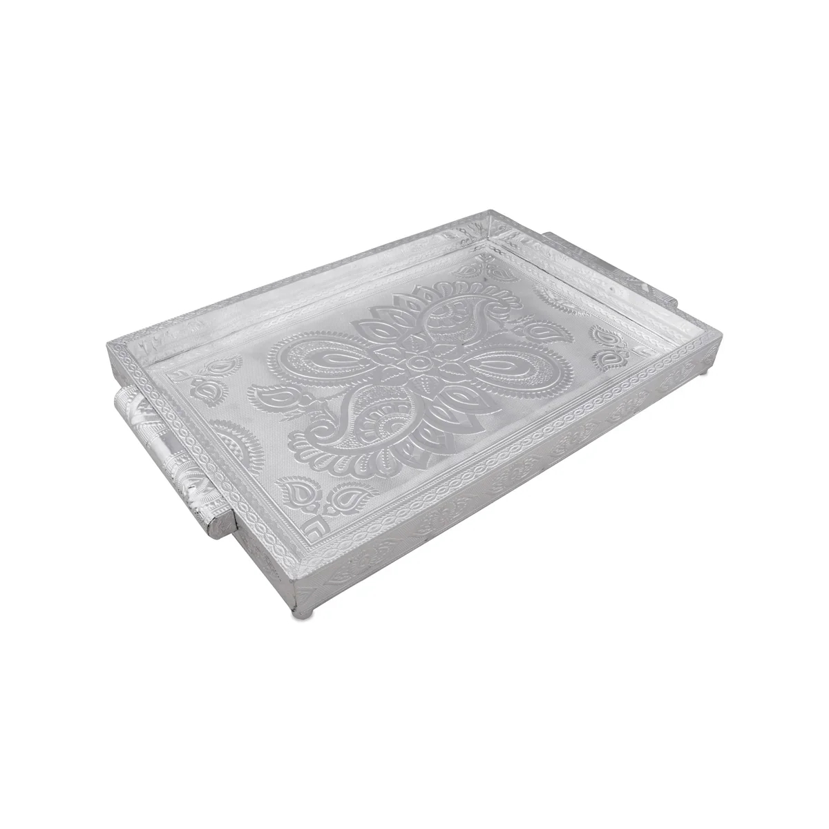 Decorative Tray - 1.5 x 16 x 11 Inches | Wooden Serving Tray/ Silver Polish Serving Plate for Pooja - Image 3