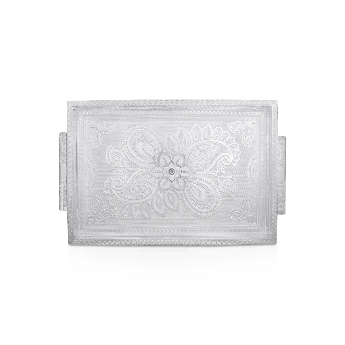 Decorative Tray - 1.5 x 16 x 11 Inches | Wooden Serving Tray/ Silver Polish Serving Plate for Pooja - Image 4