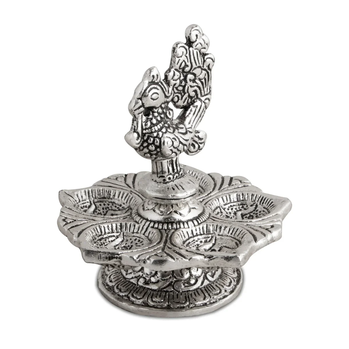 Deep - 4.5 x 4 Inches | Peacock Design Diya/ 5 Face Lamp/ Aluminium Vilakku for Pooja/ 130 Gms Approx - Image 3
