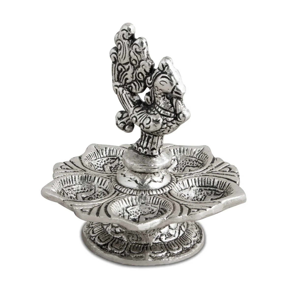 Deep - 4.5 x 4 Inches | Peacock Design Diya/ 5 Face Lamp/ Aluminium Vilakku for Pooja/ 130 Gms Approx - Image 4