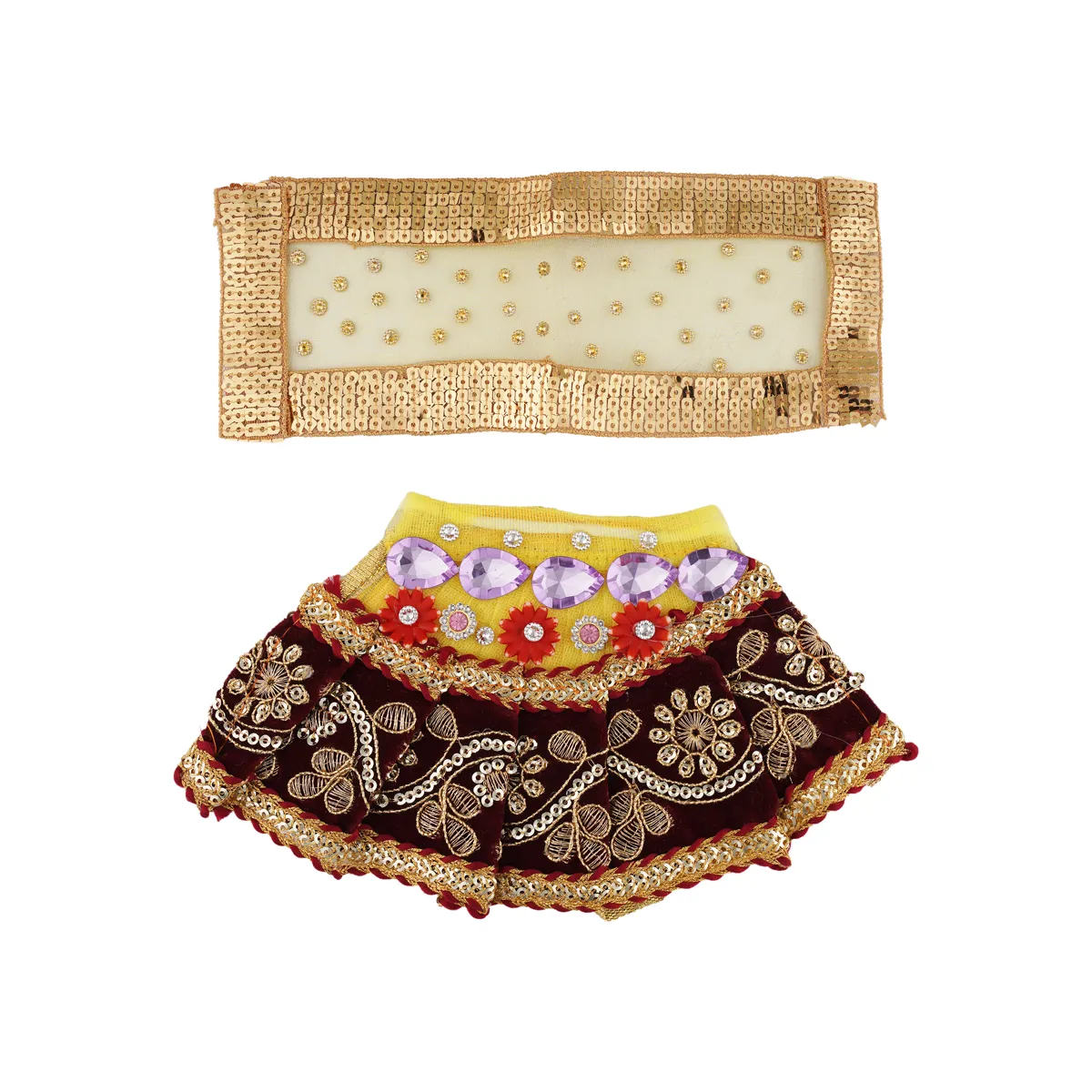 Devi Dress - 4.5 Inches | Mata Rani Poshak/ Lehenga Patka/ Stone & Embroidery Amman Pavadai For Deity - Image 4