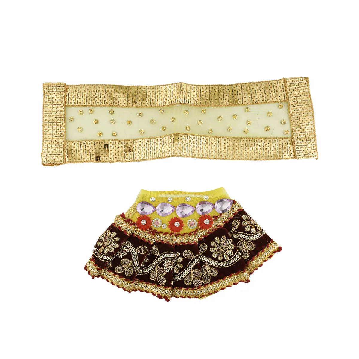 Devi Dress - 4.5 Inches | Mata Rani Poshak/ Lehenga Patka/ Stone & Embroidery Amman Pavadai For Deity - Image 6