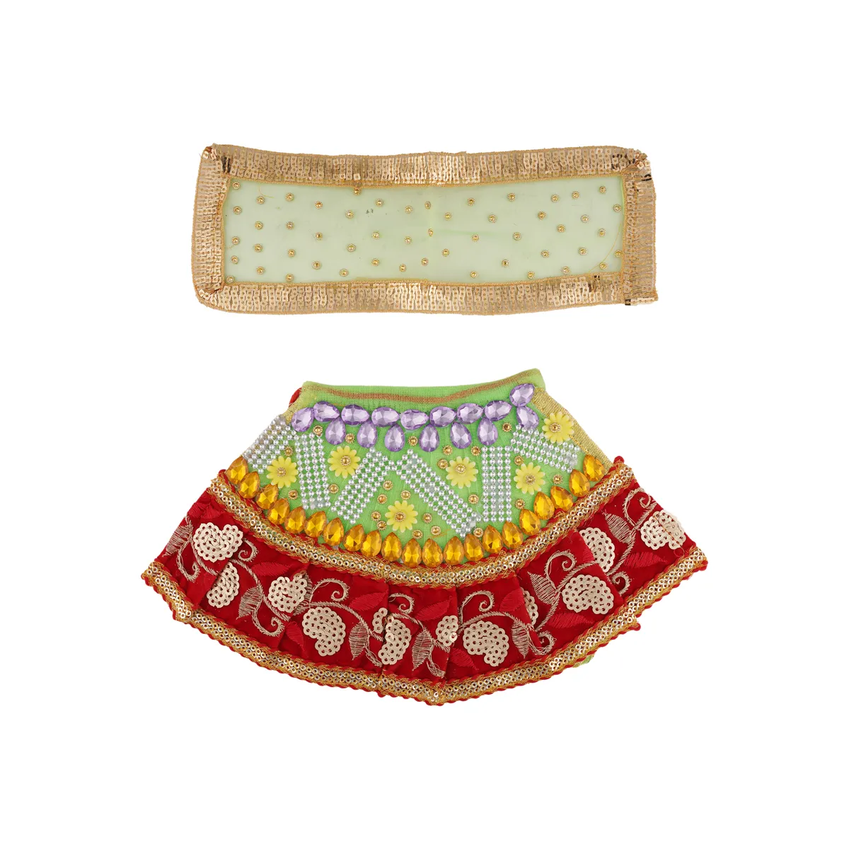Devi Dress - 5.5 Inches | Mata Rani Poshak/ Lehenga Patka/ Stone & Embroidery Amman Pavadai For Deity/ Assorted Colour - Image 4