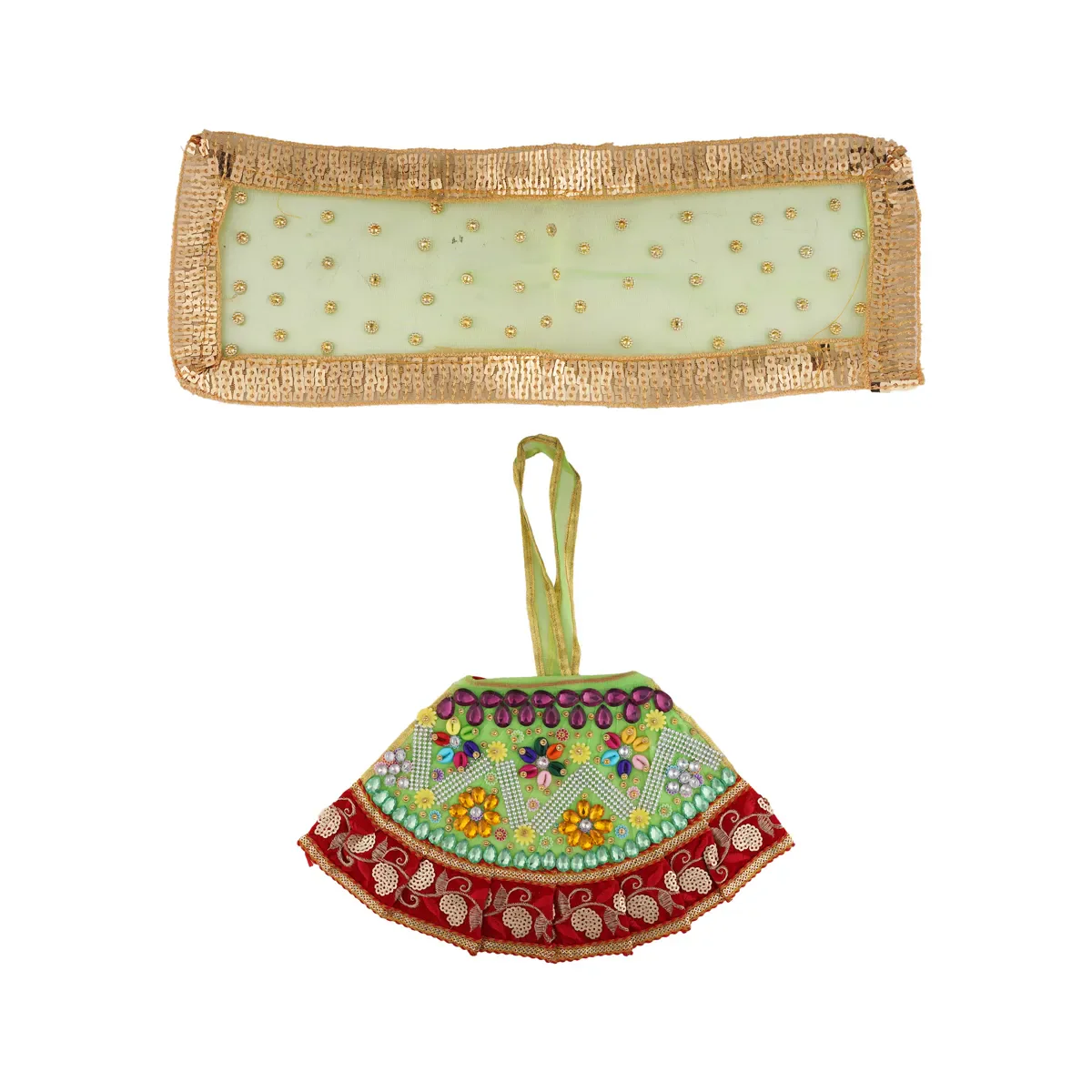 Devi Dress - 7 Inches | Mata Rani Poshak/ Lehenga Patka/Embroidery Amman Pavadai For Deity/ Assorted Colour - Image 4
