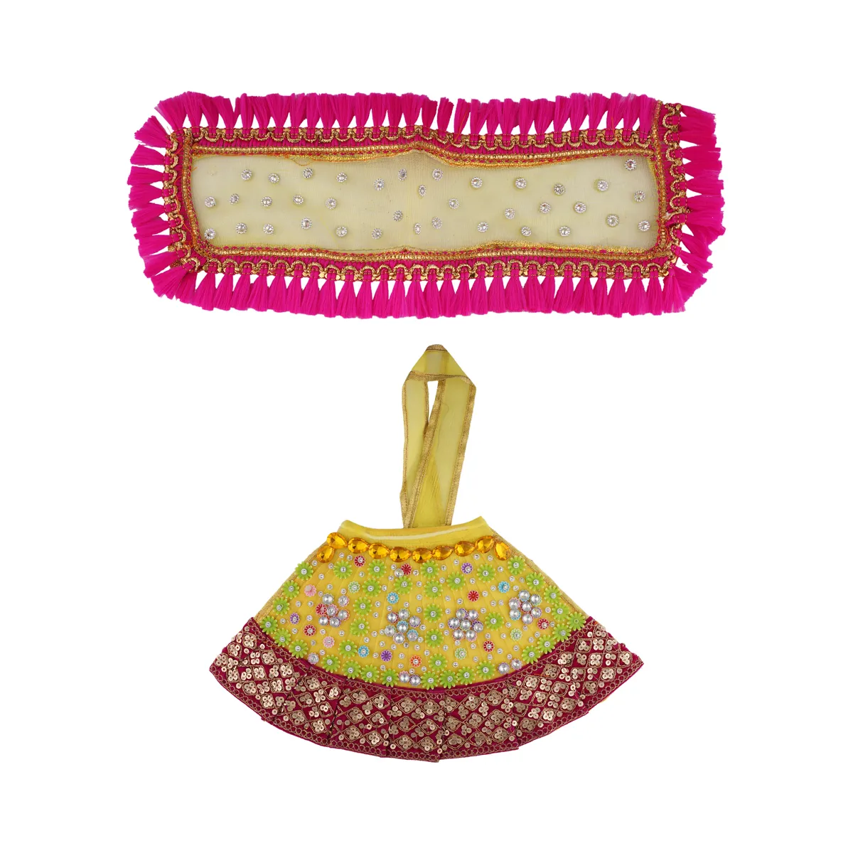 Devi Dress - 7 Inches | Mata Rani Poshak/ Lehenga Patka/Embroidery Amman Pavadai For Deity/ Assorted Colour - Image 6