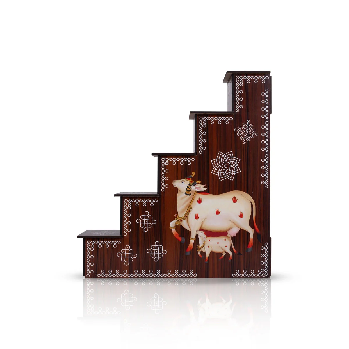 Diya Stand - 13 x 12 x 2.5 Inches | 5 Steps Lamp Stand / Kolam & Cow Calf Design Wooden Stand for Deepam & Home - Image 3