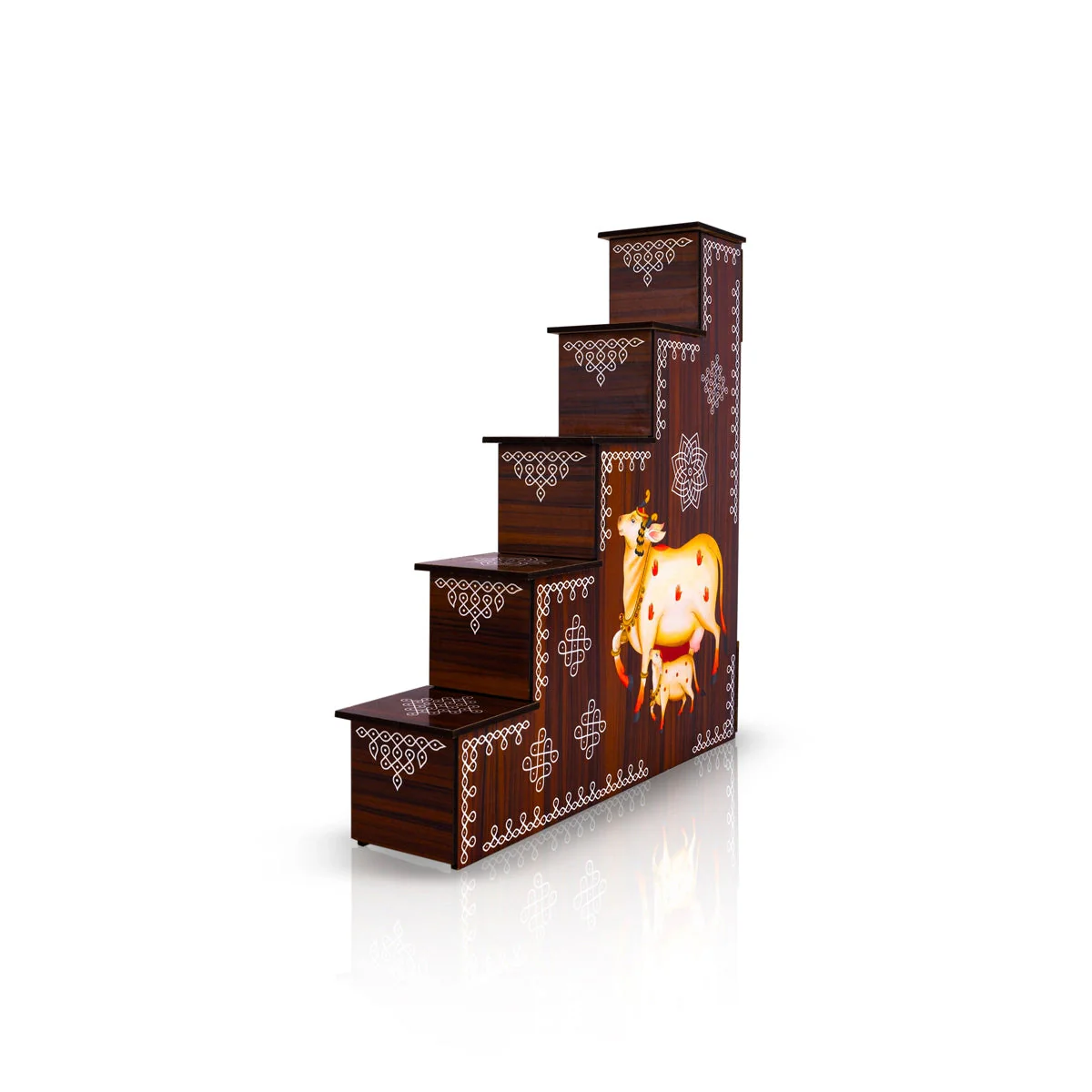 Diya Stand - 13 x 12 x 2.5 Inches | 5 Steps Lamp Stand / Kolam & Cow Calf Design Wooden Stand for Deepam & Home - Image 4