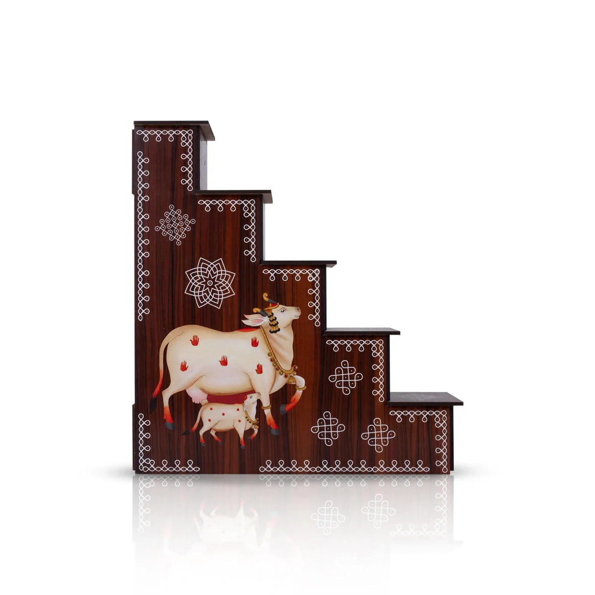 Diya Stand - 13 x 12 x 2.5 Inches | 5 Steps Lamp Stand / Kolam & Cow Calf Design Wooden Stand for Deepam & Home - Image 5