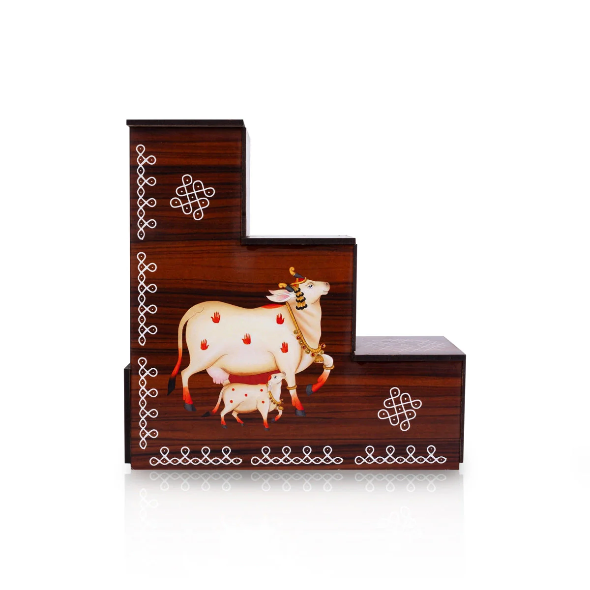 Diya Stand - 8 x 7.5 x 2.5 Inches | 3 Steps Lamp Stand / Kolam & Cow Calf Design Wooden Stand for Deepam & Home - Image 3