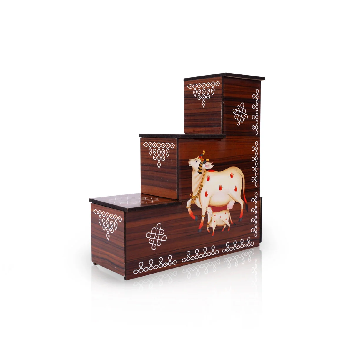 Diya Stand - 8 x 7.5 x 2.5 Inches | 3 Steps Lamp Stand / Kolam & Cow Calf Design Wooden Stand for Deepam & Home - Image 4